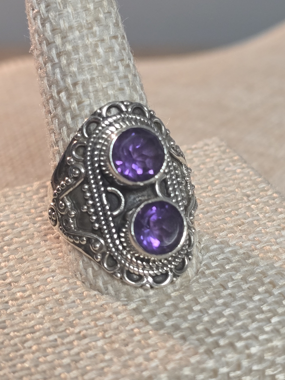 Sterling Silver Double Amethyst Statement Ring - Purple